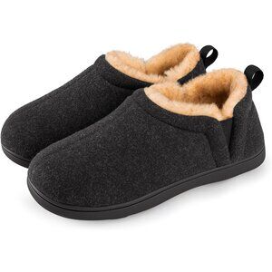 👑Men's Wool Slippers Closed Toe Black Faux Fur Elastic Gores Winter House Shoes